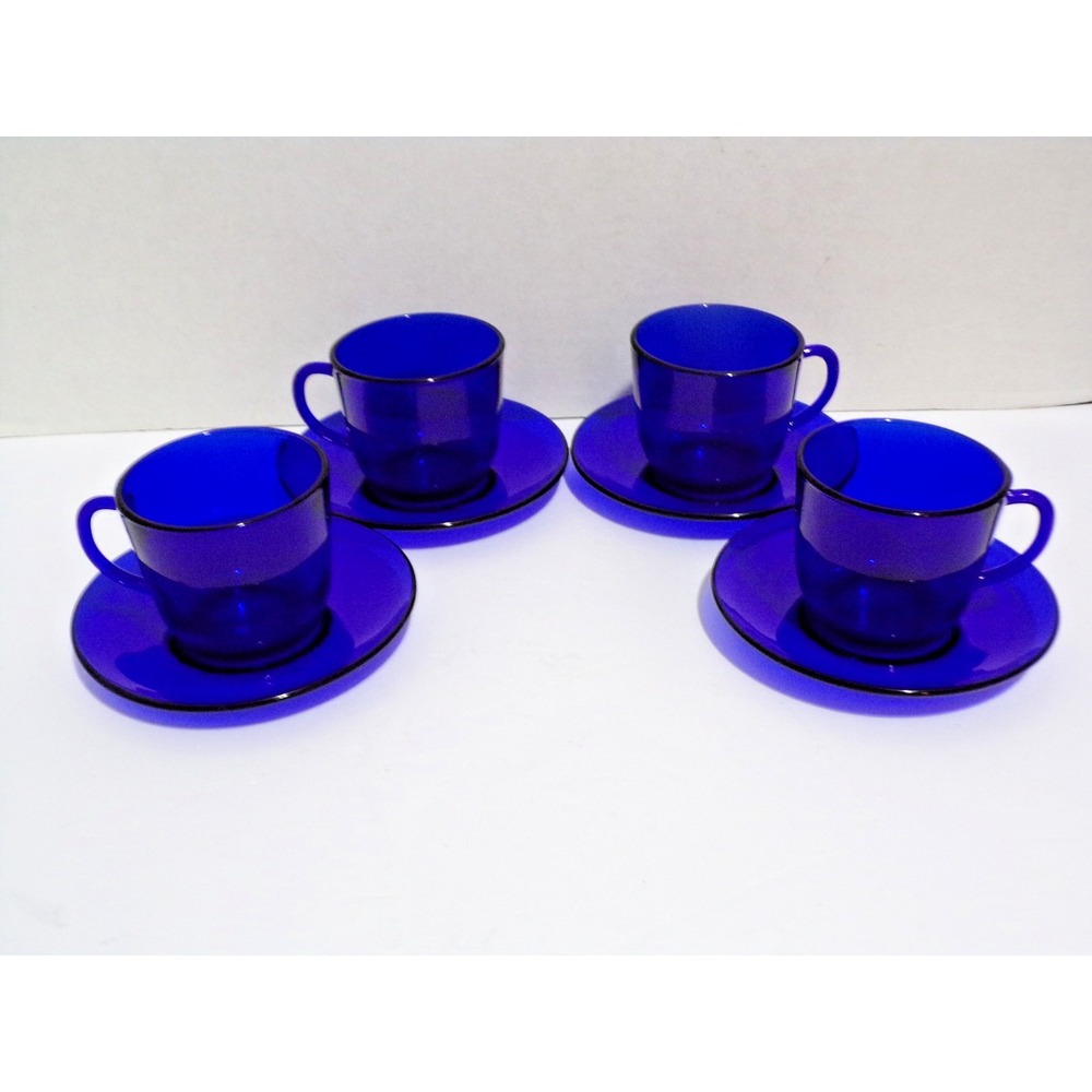 Bormioli Rocco Rondo Saphire Cobalt Blue Glass Cups & Saucers Set of 4 France